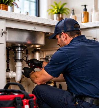 Plumber attending to under-sink plumbing